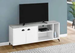 Tv Stand, 60 Inch, Console, Media Entertainment Center, Storage Cabinet, Living Room, Bedroom, White And Grey Laminate, Black Metal, Contemporary, Modern