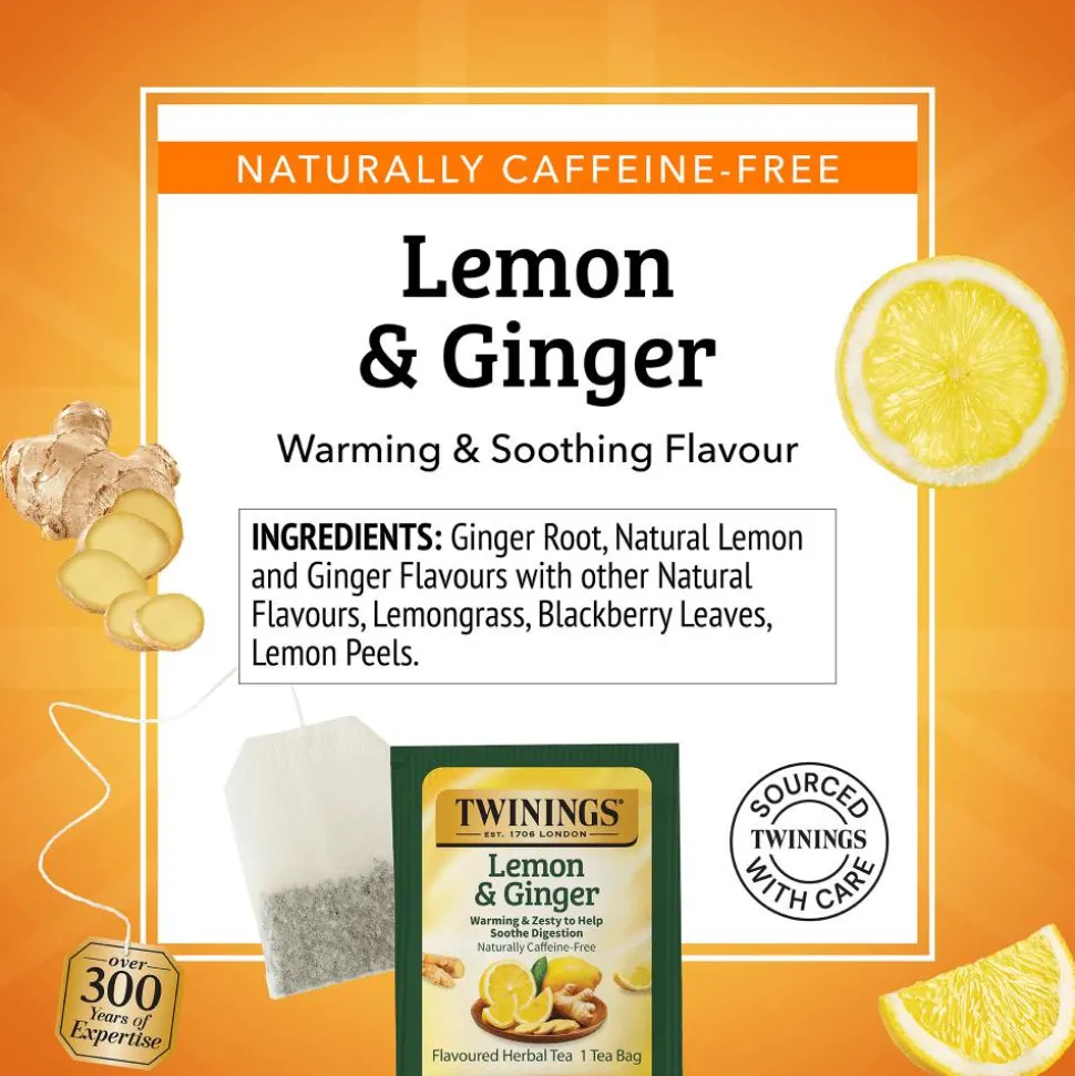Twinings Lemon & Ginger Herbal Tea Bags, 25/Box