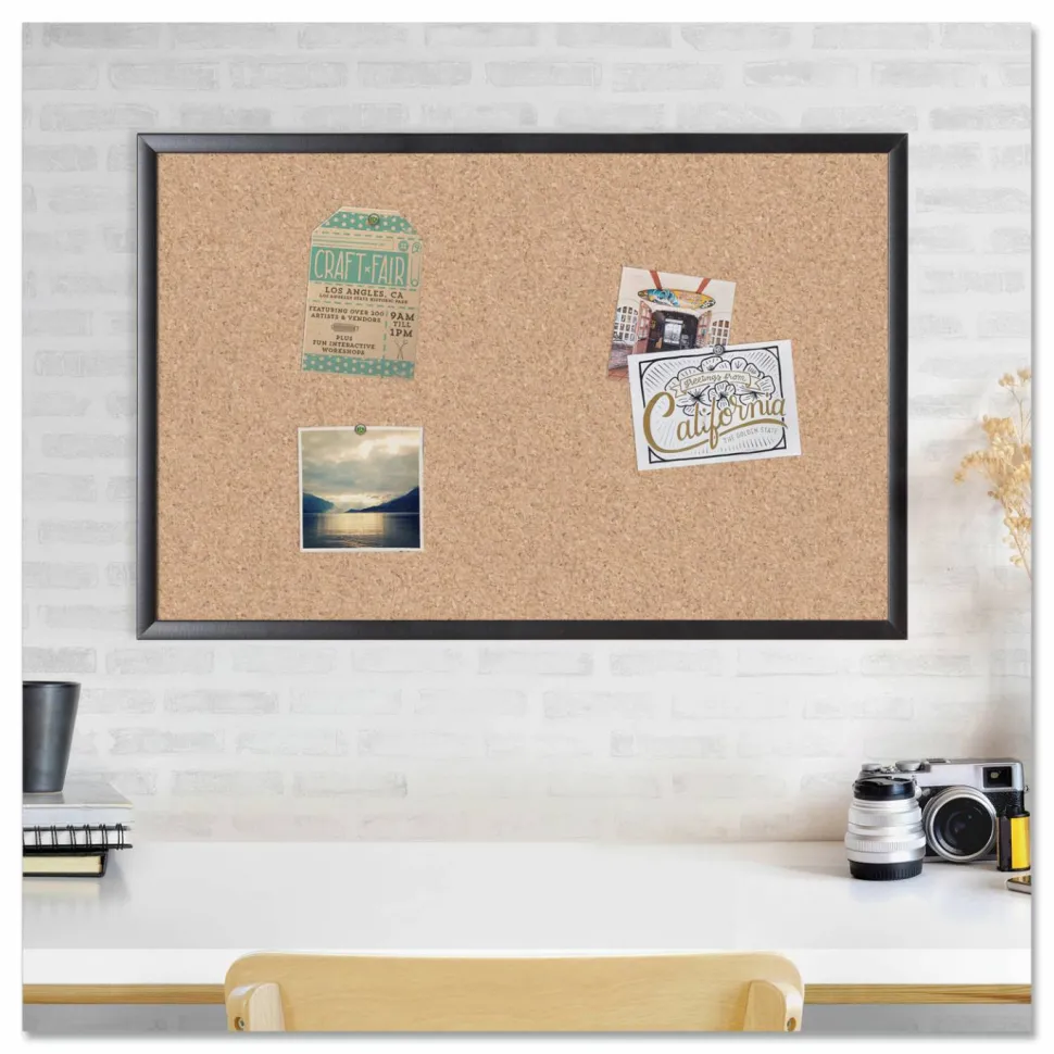 U Brands Cork Bulletin Board, 36" x 24" (Actual Size: 35" x 23"), Tan Surface, Black Wood Frame
