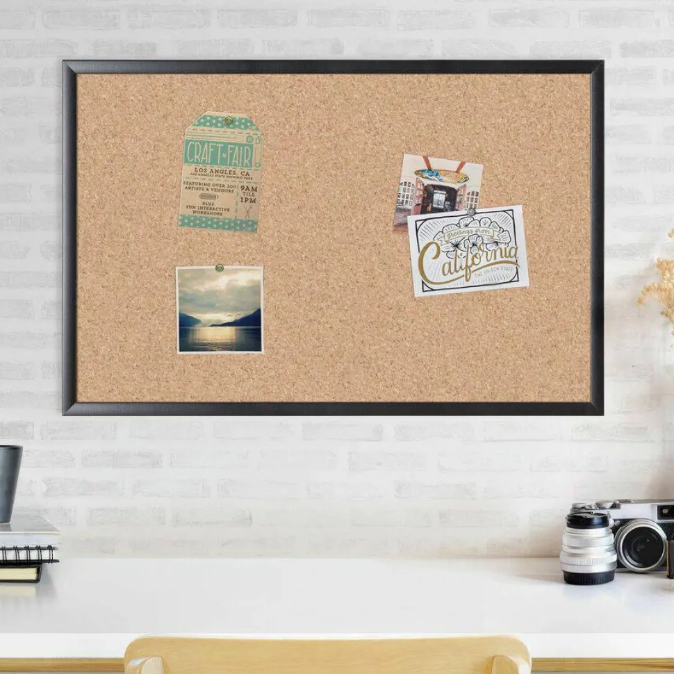 U Brands Cork Bulletin Board, 36" x 24" (Actual Size: 35" x 23"), Tan Surface, Black Wood Frame