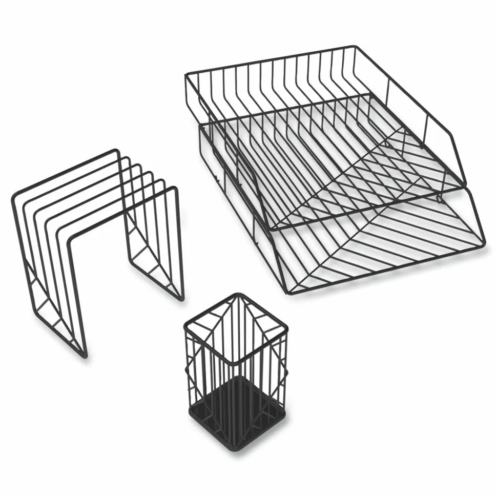 U Brands Vena Desktop Organization Kit, 8 Compartments, Letter Sorter, Paper Tray, Pencil Cup, Black, Metal
