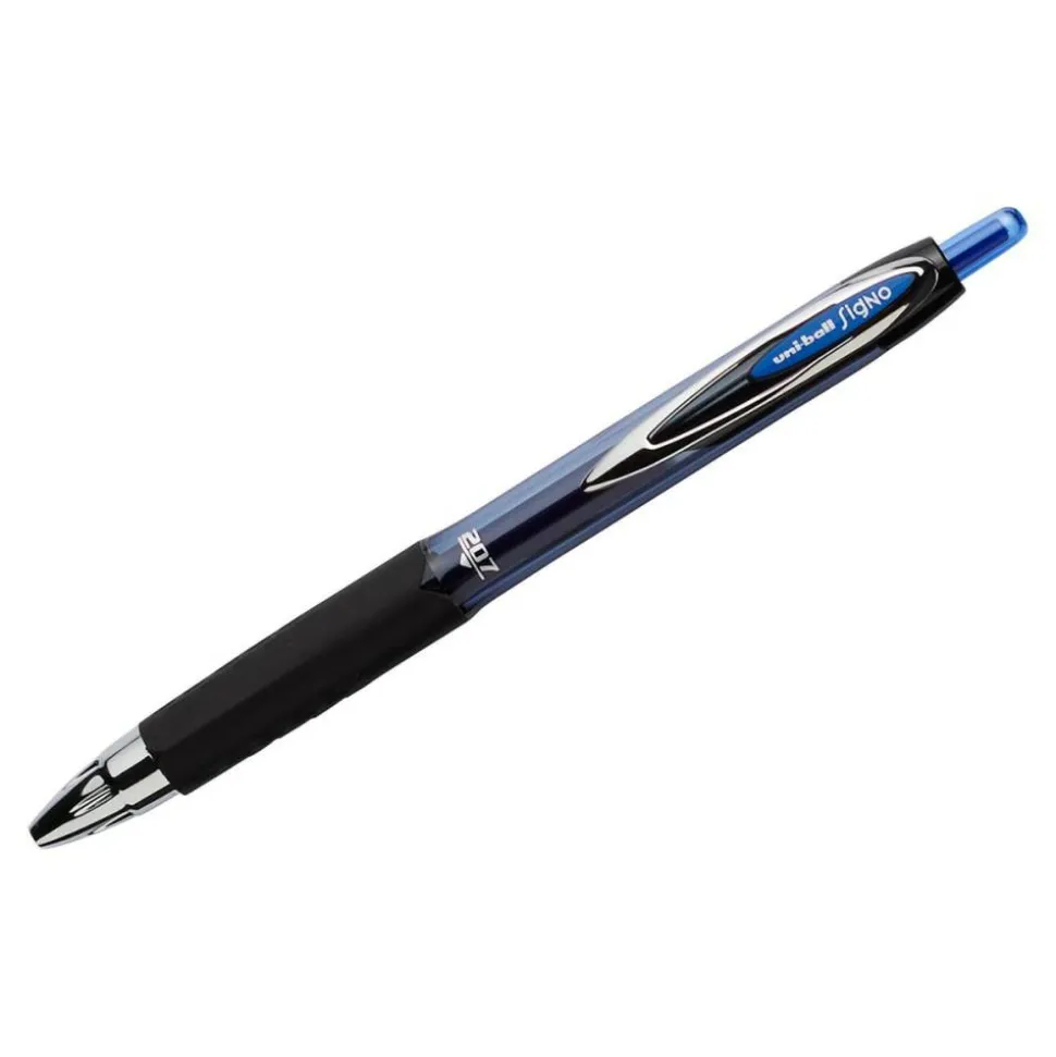 uniball 207 Retractable Fraud Prevention Gel Pens, Medium Point, 0.7 mm, Black Barrels, Blue Ink, Pack Of 12