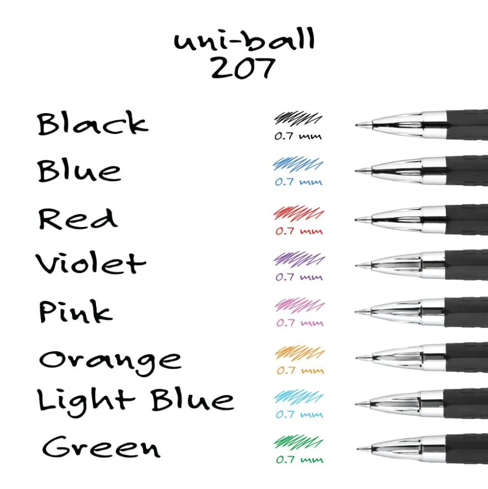 uniball 207 Retractable Fraud Prevention Gel Pens, Medium Point, 0.7 mm, Black Barrels, Blue Ink, Pack Of 12