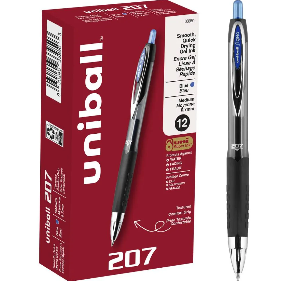 uniball 207 Retractable Fraud Prevention Gel Pens, Medium Point, 0.7 mm, Black Barrels, Blue Ink, Pack Of 12