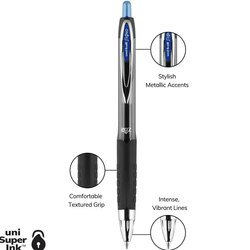 uniball 207 Retractable Fraud Prevention Gel Pens, Medium Point, 0.7 mm, Black Barrels, Blue Ink, Pack Of 12