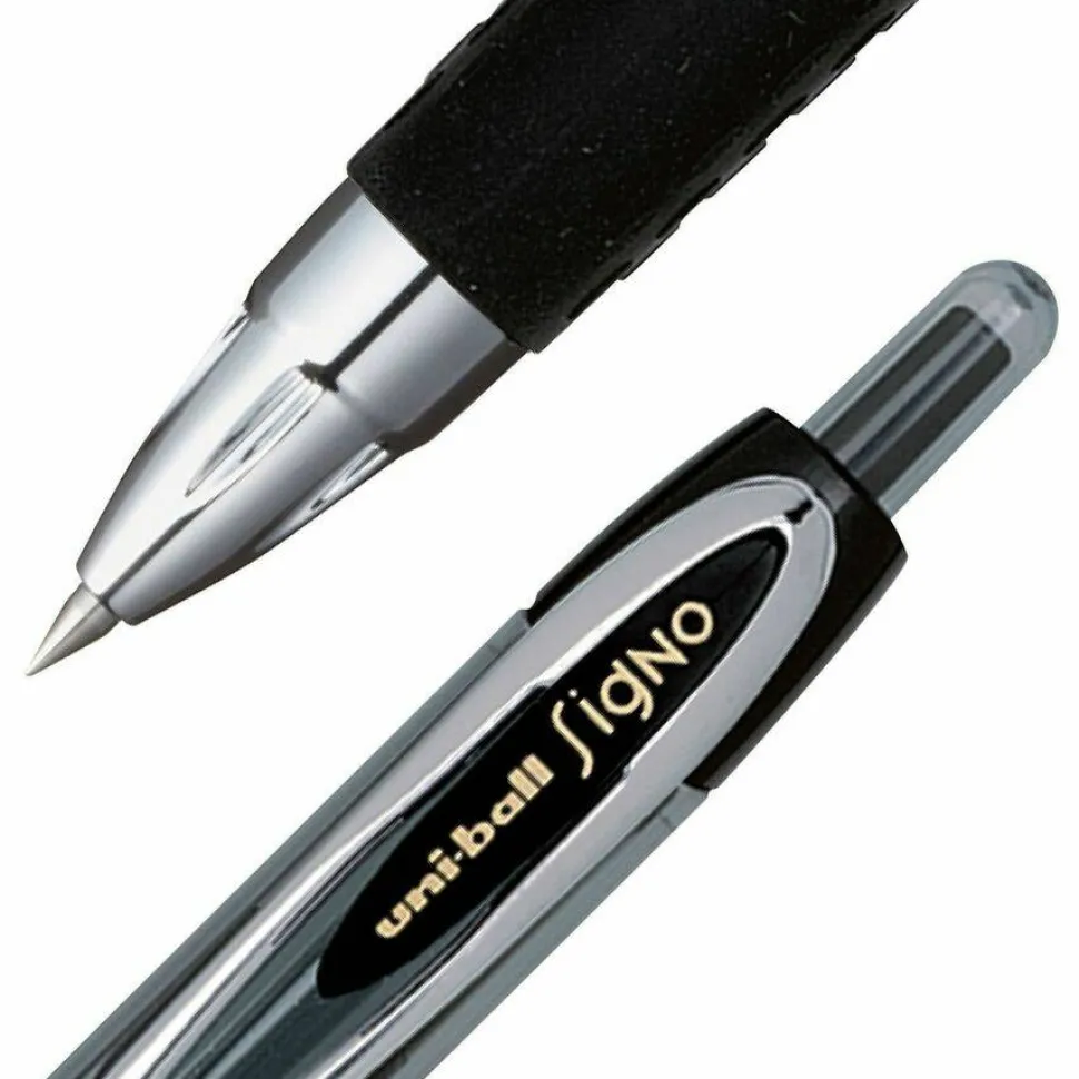uniball 207 Retractable Fraud Prevention Gel Pens, Micro Point, 0.5 mm, Black Barrels, Black Ink, Pack Of 12