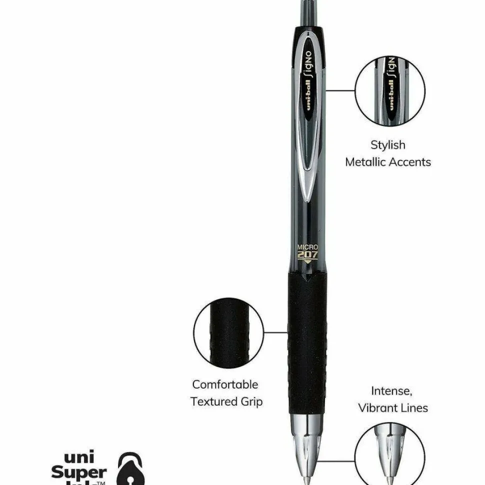 uniball 207 Retractable Fraud Prevention Gel Pens, Micro Point, 0.5 mm, Black Barrels, Black Ink, Pack Of 12