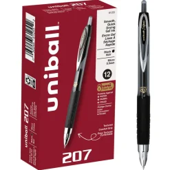 uniball 207 Retractable Fraud Prevention Gel Pens, Micro Point, 0.5 mm, Black Barrels, Black Ink, Pack Of 12