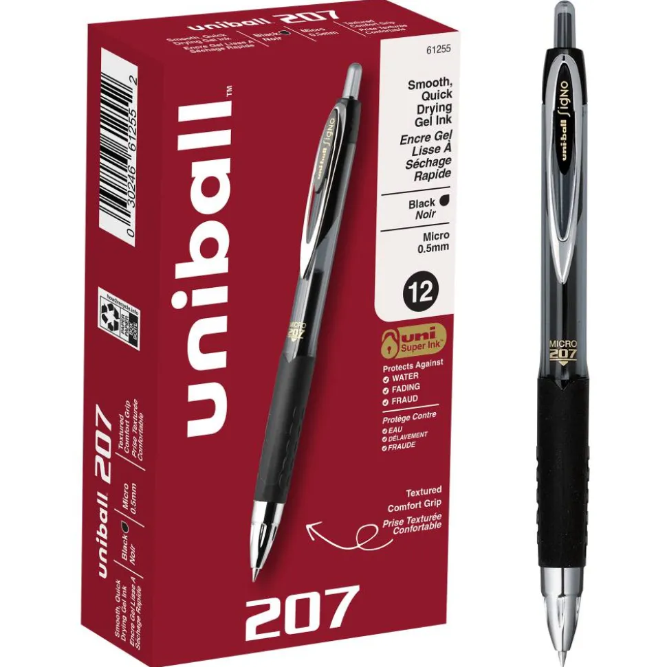 uniball 207 Retractable Fraud Prevention Gel Pens, Micro Point, 0.5 mm, Black Barrels, Black Ink, Pack Of 12