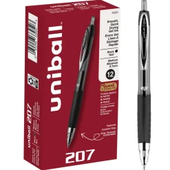 uniball 207 Retractable Fraud Prevention Gel Pens, Medium Point, 0.7 mm, Black Barrels, Black Ink, Pack Of 12 Pens