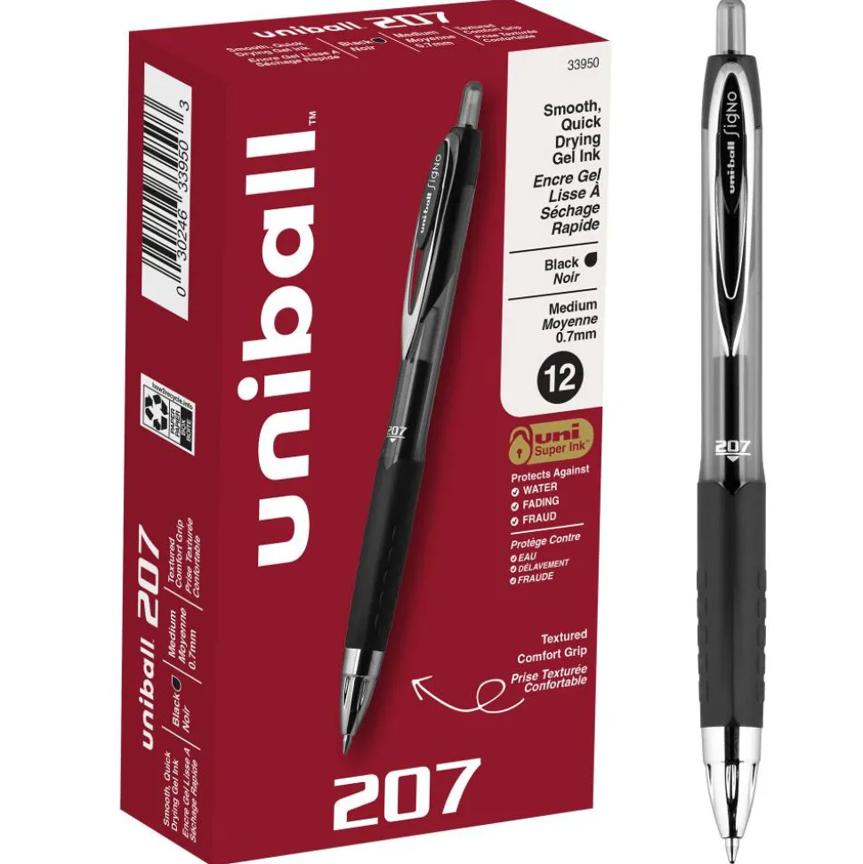 uniball 207 Retractable Fraud Prevention Gel Pens, Medium Point, 0.7 mm, Black Barrels, Black Ink, Pack Of 12 Pens