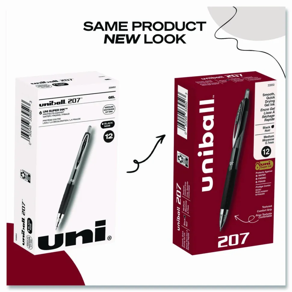 uniball 207 Retractable Fraud Prevention Gel Pens, Medium Point, 0.7 mm, Black Barrels, Black Ink, Pack Of 12 Pens
