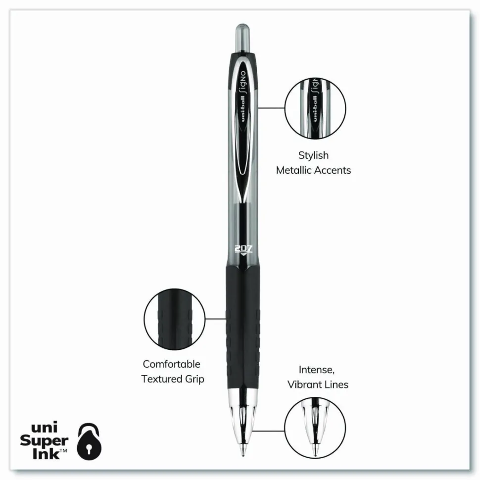 uniball 207 Retractable Fraud Prevention Gel Pens, Medium Point, 0.7 mm, Black Barrels, Black Ink, Pack Of 12 Pens