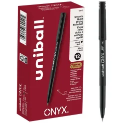 uniball Onyx Rollerball Pens, Micro Point, 0.5 mm, Black Barrel, Black Ink, Pack Of 12