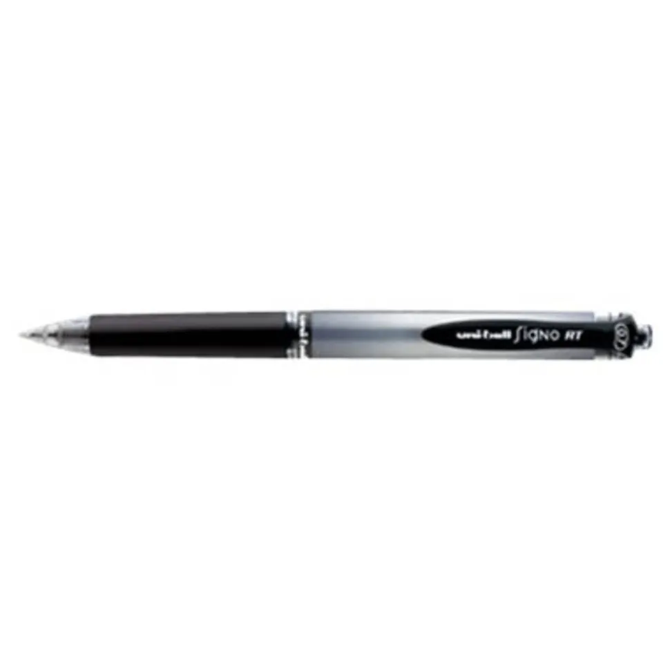 uniball Signo Gel Pen, Retractable, Medium 0.7 mm, Black Ink, Silver/Black Barrel, Dozen