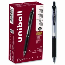 uniball Signo Gel Pen, Retractable, Medium 0.7 mm, Black Ink, Silver/Black Barrel, Dozen