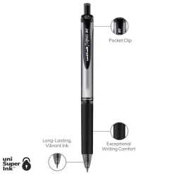 uniball Signo Gel Pen, Retractable, Medium 0.7 mm, Black Ink, Silver/Black Barrel, Dozen
