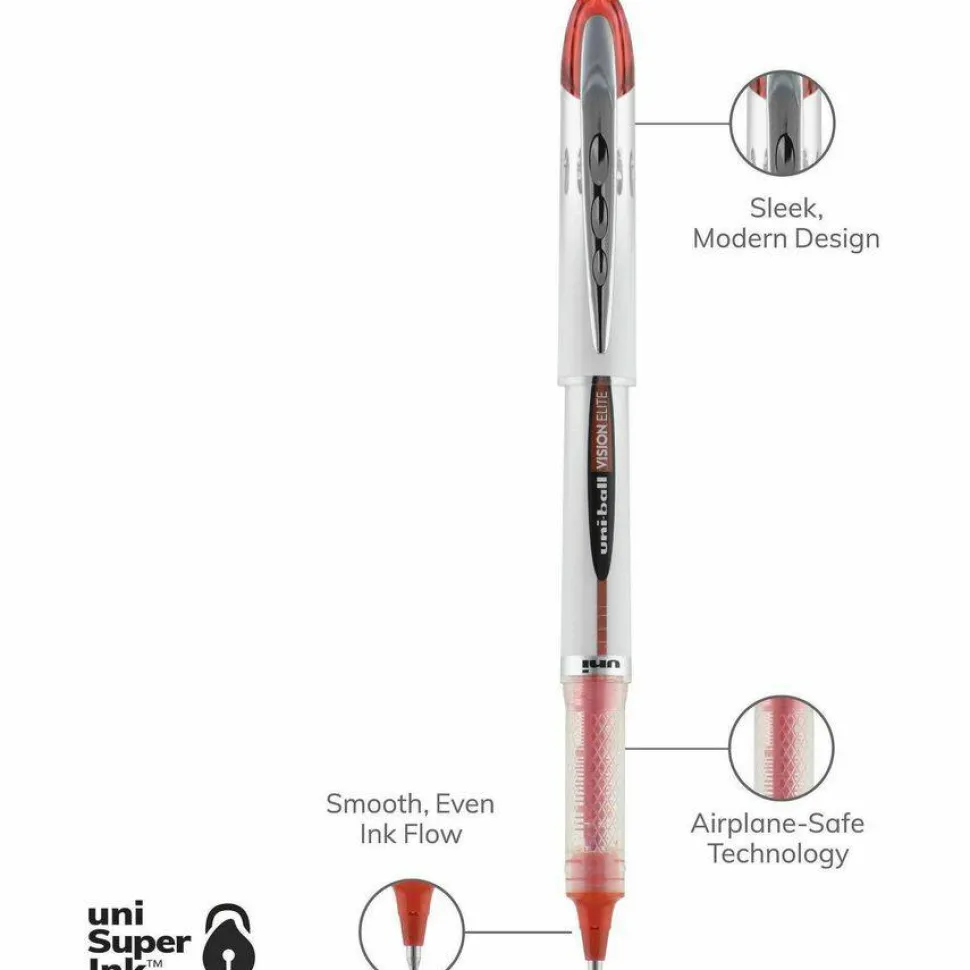 uniball Vision Elite Liquid Ink Rollerball Pens, Bold Point, 0.8 mm, White Barrel, Red Ink, Pack Of 12