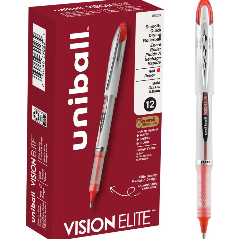 uniball Vision Elite Liquid Ink Rollerball Pens, Bold Point, 0.8 mm, White Barrel, Red Ink, Pack Of 12