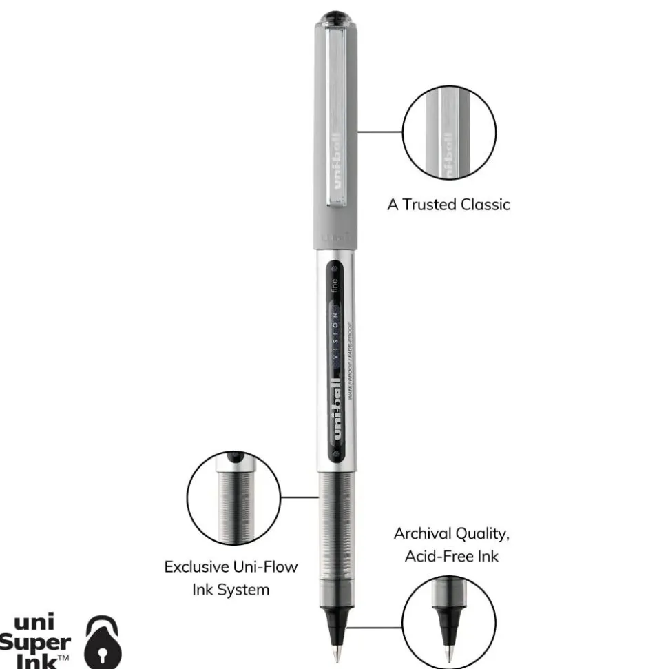 uniball Vision Rollerball Pens, Fine Point, 0.7 mm, Gray Barrel, Black Ink, Pack Of 12