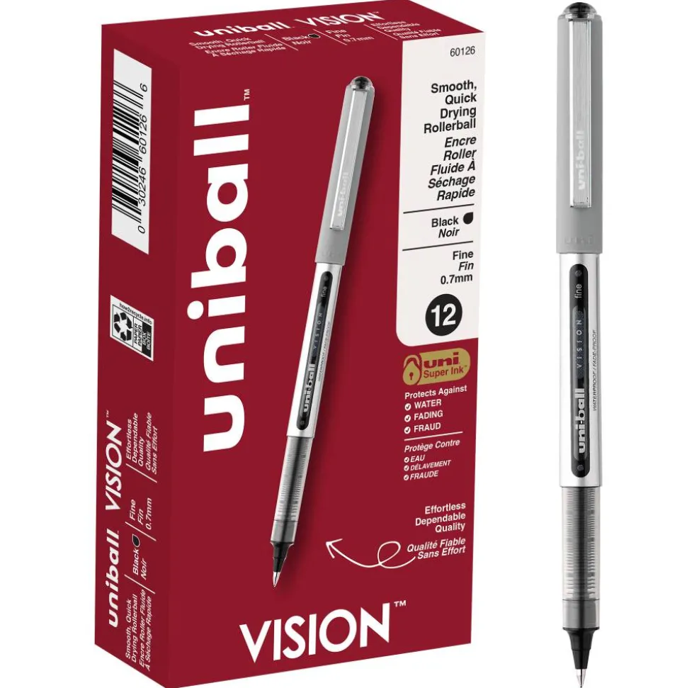 uniball Vision Rollerball Pens, Fine Point, 0.7 mm, Gray Barrel, Black Ink, Pack Of 12