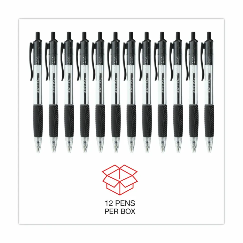 Universal Comfort Grip Ballpoint Pen, Retractable, Medium 1 mm, Black Ink, Clear/Black Barrel, Dozen