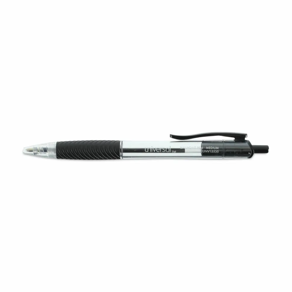 Universal Comfort Grip Ballpoint Pen, Retractable, Medium 1 mm, Black Ink, Clear/Black Barrel, Dozen