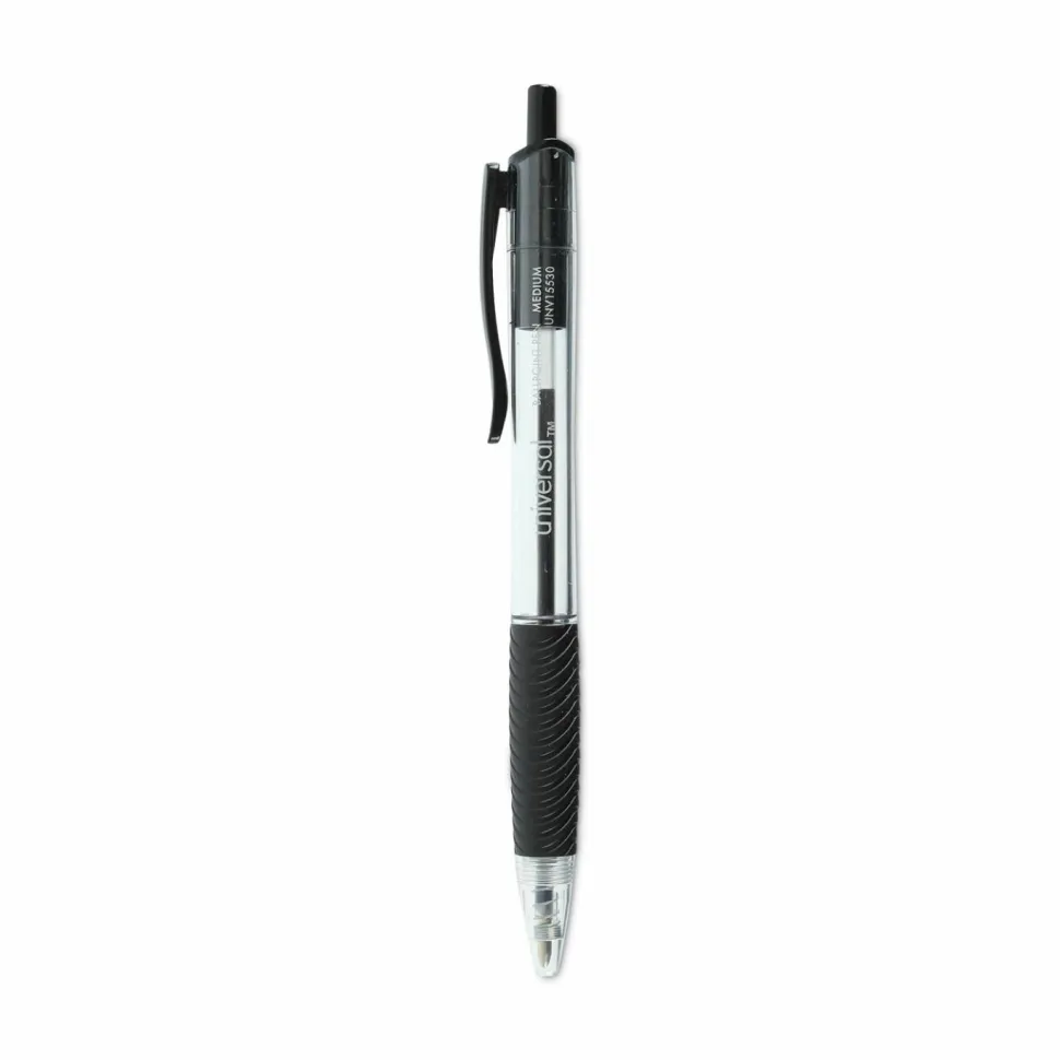 Universal Comfort Grip Ballpoint Pen, Retractable, Medium 1 mm, Black Ink, Clear/Black Barrel, Dozen