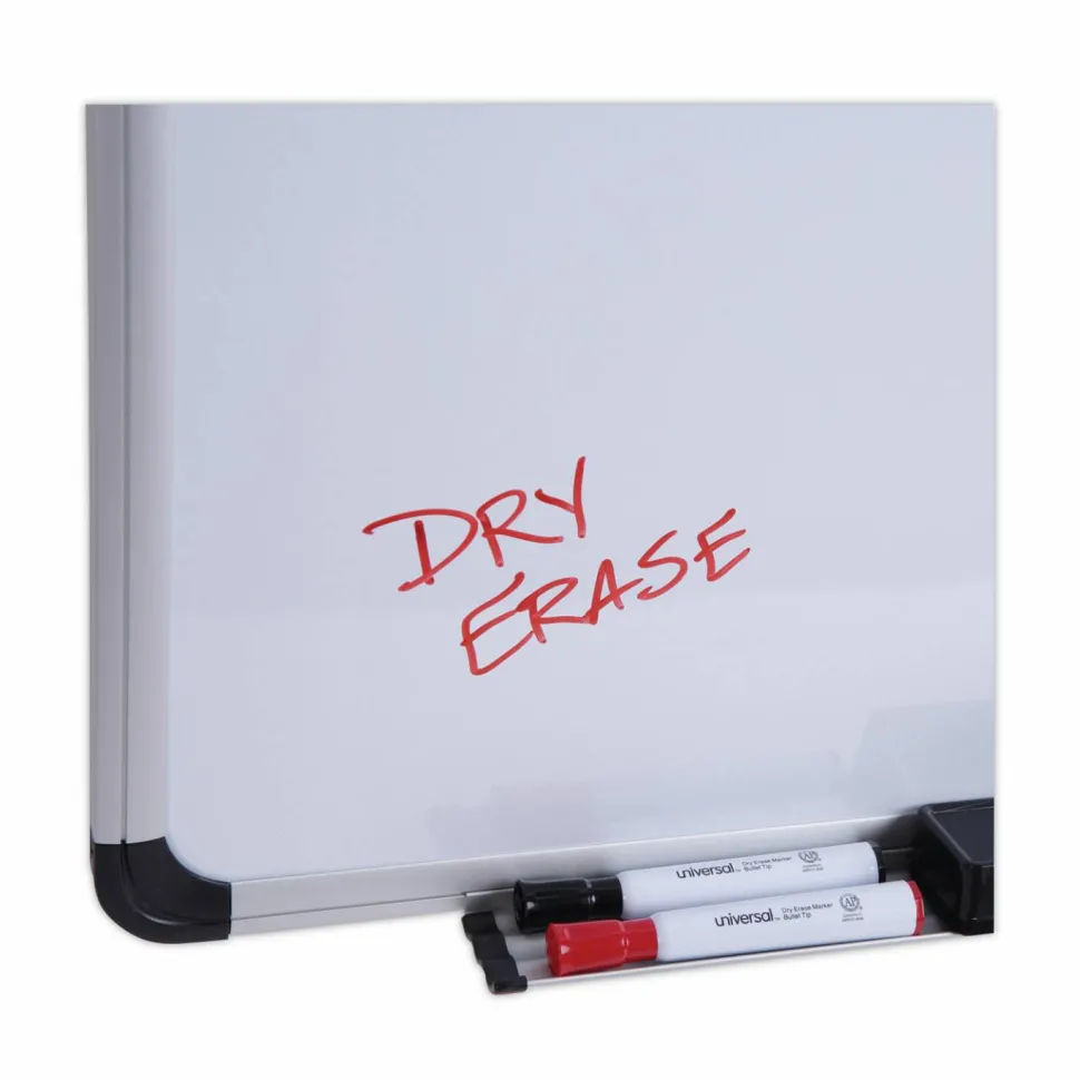 Universal Deluxe Porcelain Magnetic Dry Erase Board, 36" x 24", White Surface, Silver/Black Aluminum Frame