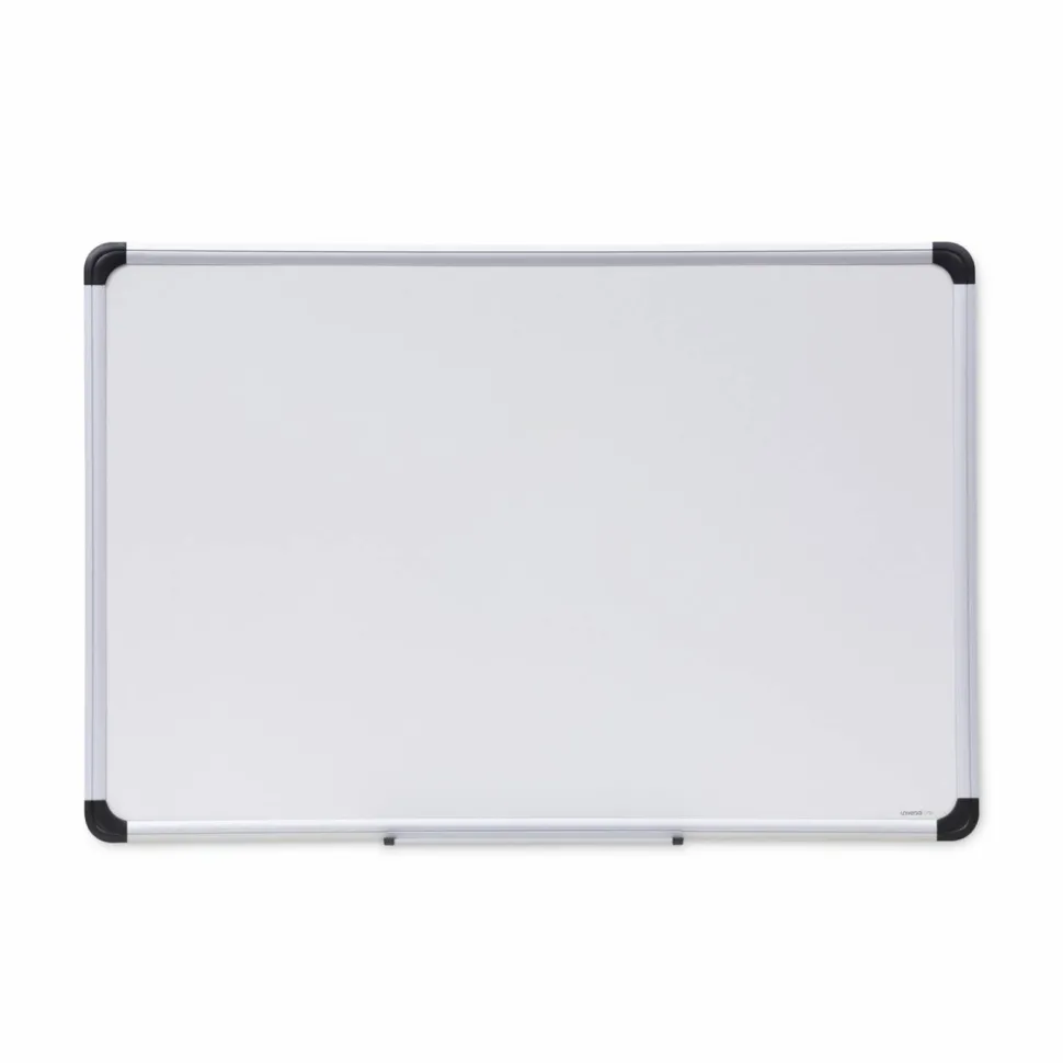 Universal Deluxe Porcelain Magnetic Dry Erase Board, 36" x 24", White Surface, Silver/Black Aluminum Frame
