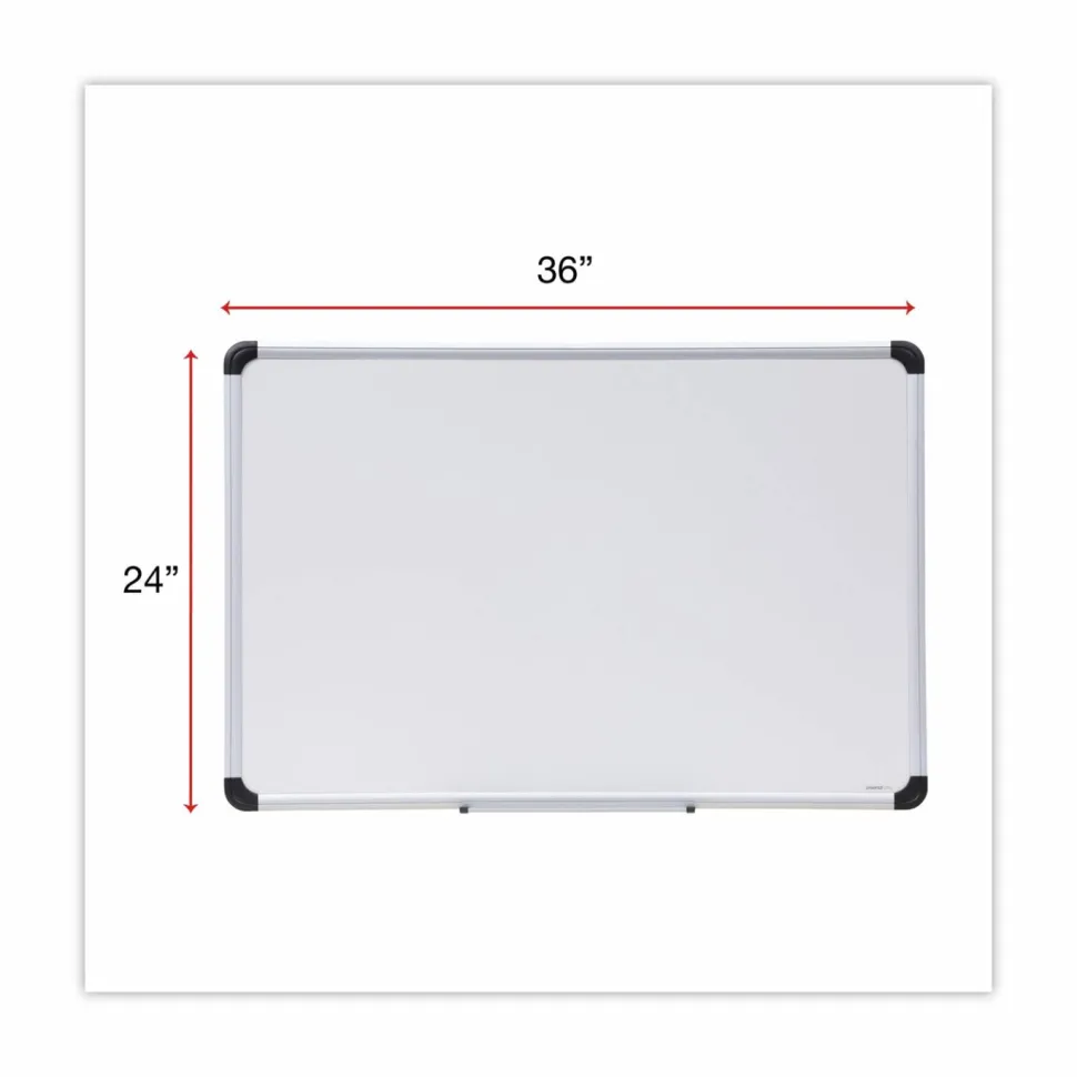 Universal Deluxe Porcelain Magnetic Dry Erase Board, 36" x 24", White Surface, Silver/Black Aluminum Frame
