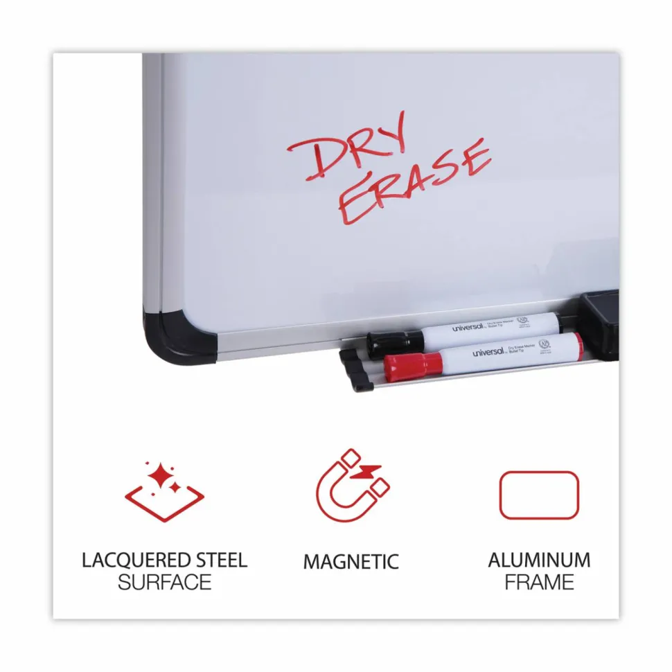 Universal Deluxe Porcelain Magnetic Dry Erase Board, 36" x 24", White Surface, Silver/Black Aluminum Frame