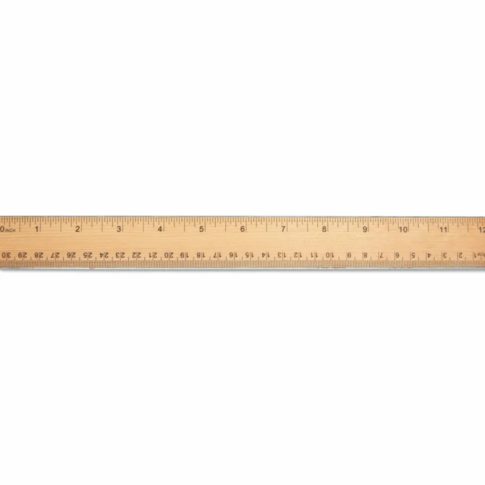 Universal Flat Wood Ruler w/Double Metal Edge, Standard, 12" Long, Clear Lacquer Finish