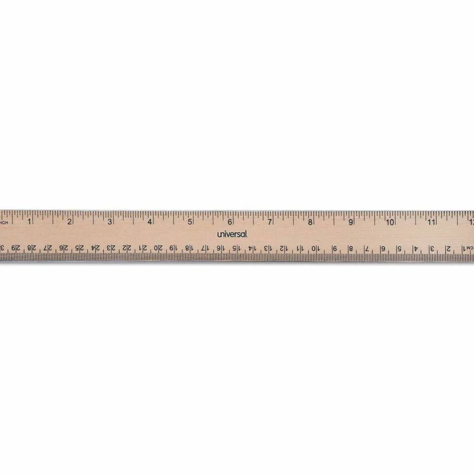 Universal Flat Wood Ruler w/Double Metal Edge, Standard, 12" Long, Clear Lacquer Finish