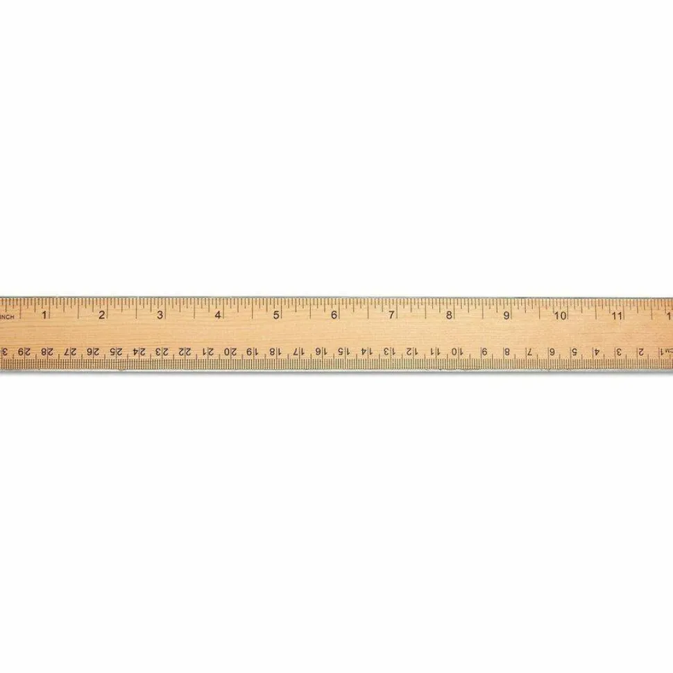 Universal Flat Wood Ruler w/Double Metal Edge, Standard, 12" Long, Clear Lacquer Finish