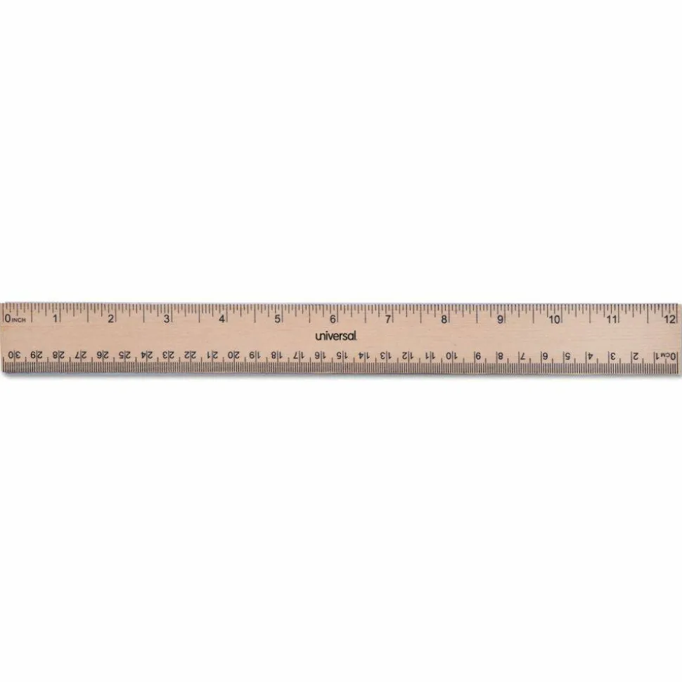 Universal Flat Wood Ruler w/Double Metal Edge, Standard, 12" Long, Clear Lacquer Finish