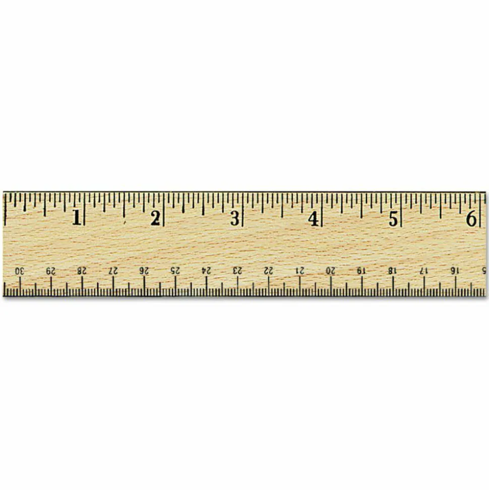 Universal Flat Wood Ruler w/Double Metal Edge, Standard, 12" Long, Clear Lacquer Finish