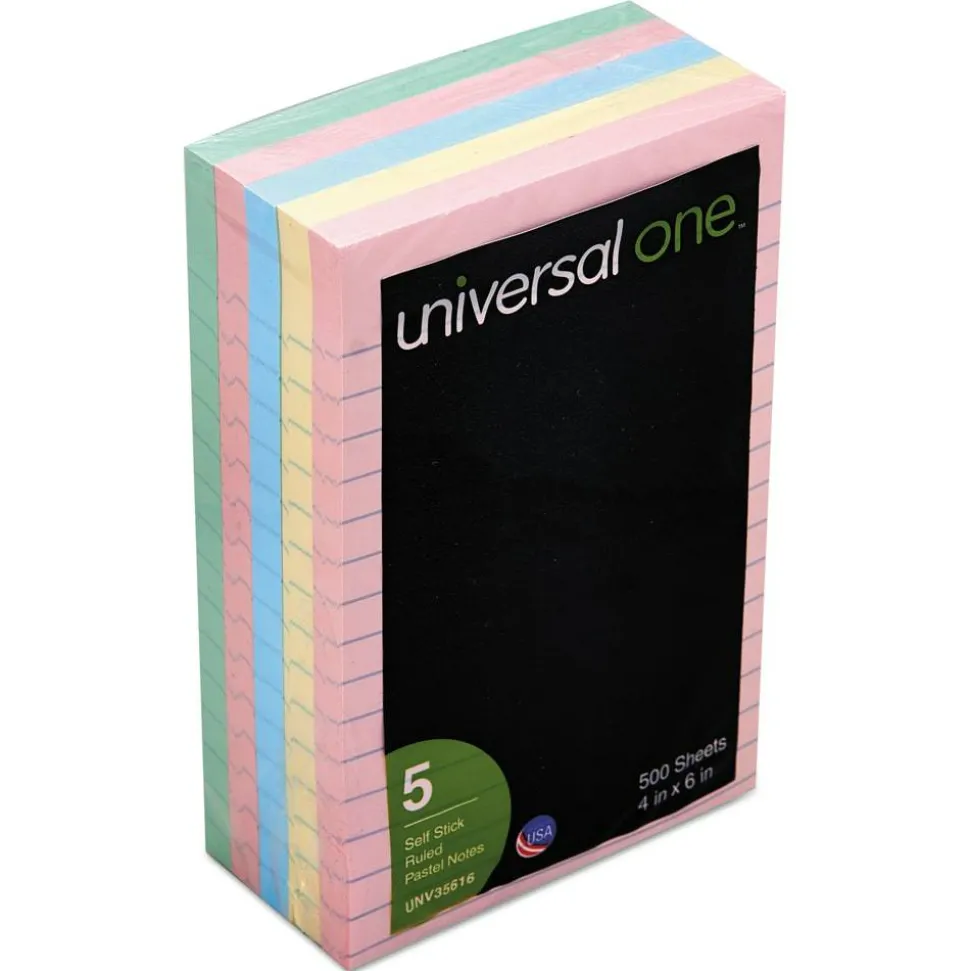 Universal Lined Self-Stick Notes, 4 in x 6 in, Assorted Colors, 100 Sheets Per Pad, Pack Of 5 Pads