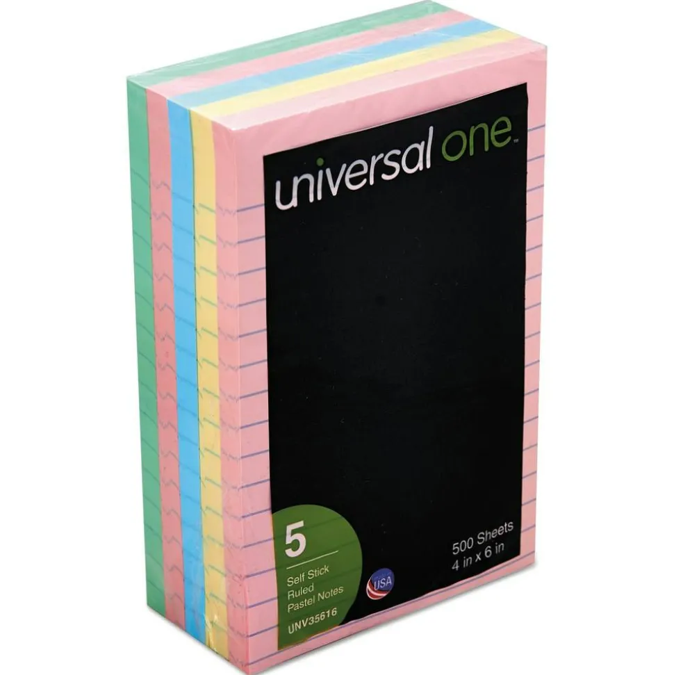 Universal Lined Self-Stick Notes, 4 in x 6 in, Assorted Colors, 100 Sheets Per Pad, Pack Of 5 Pads