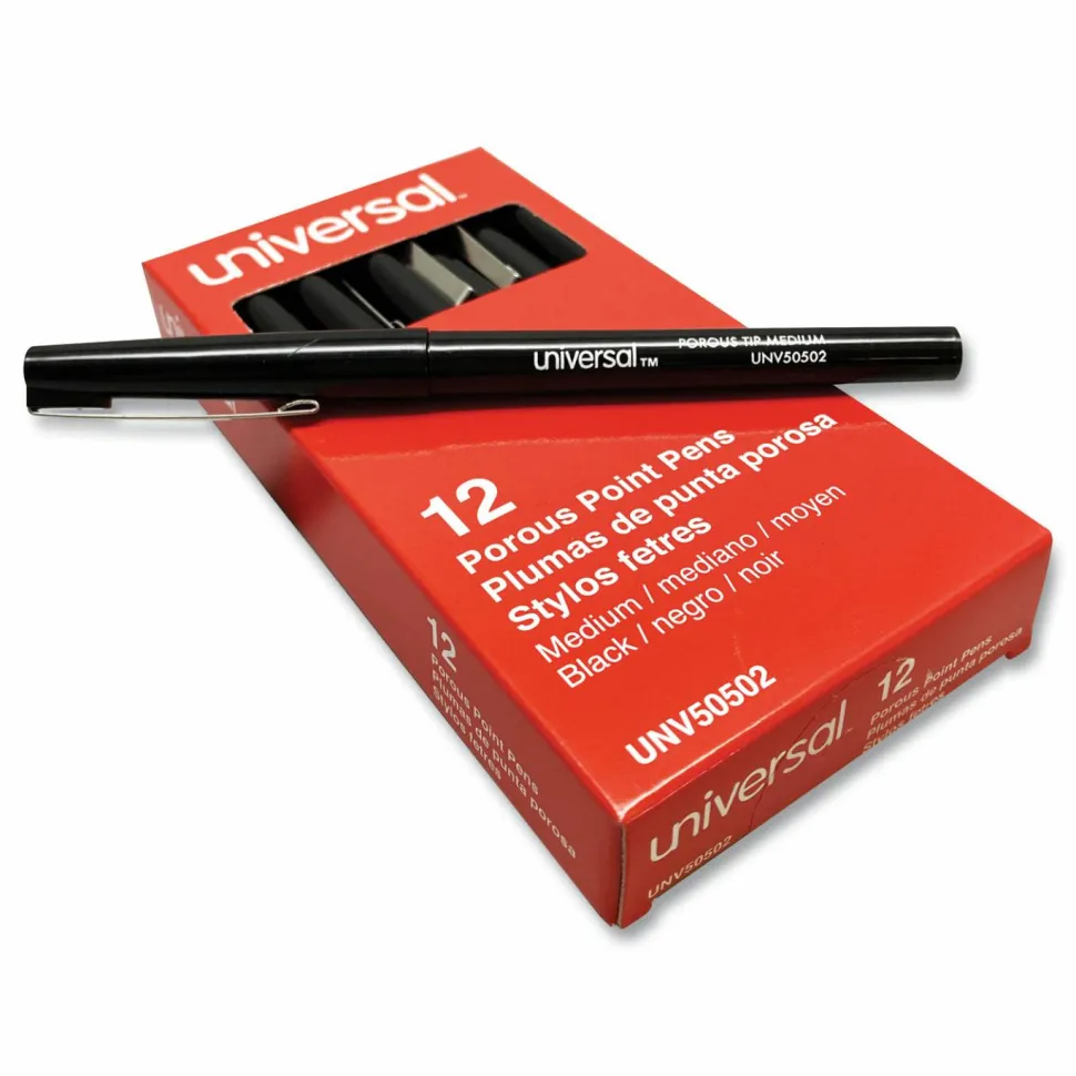 Universal Porous Point Pen, Stick, Medium 0.7 mm, Black Ink, Black Barrel, Dozen