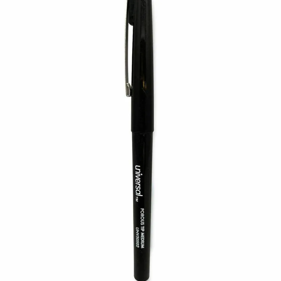 Universal Porous Point Pen, Stick, Medium 0.7 mm, Black Ink, Black Barrel, Dozen