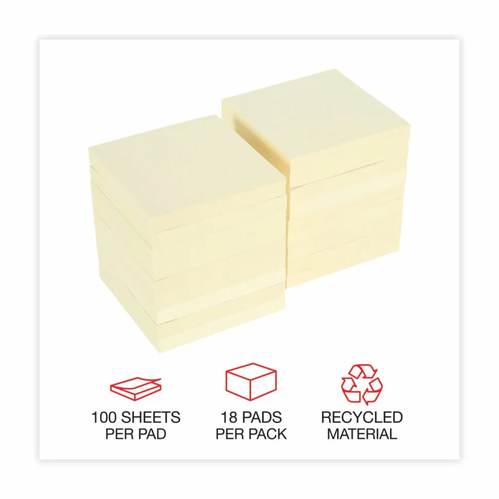 Universal Recycled Self-Stick Note Pads, 3" x 3", Yellow, 100 Sheets/Pad, 18 Pads/Pack