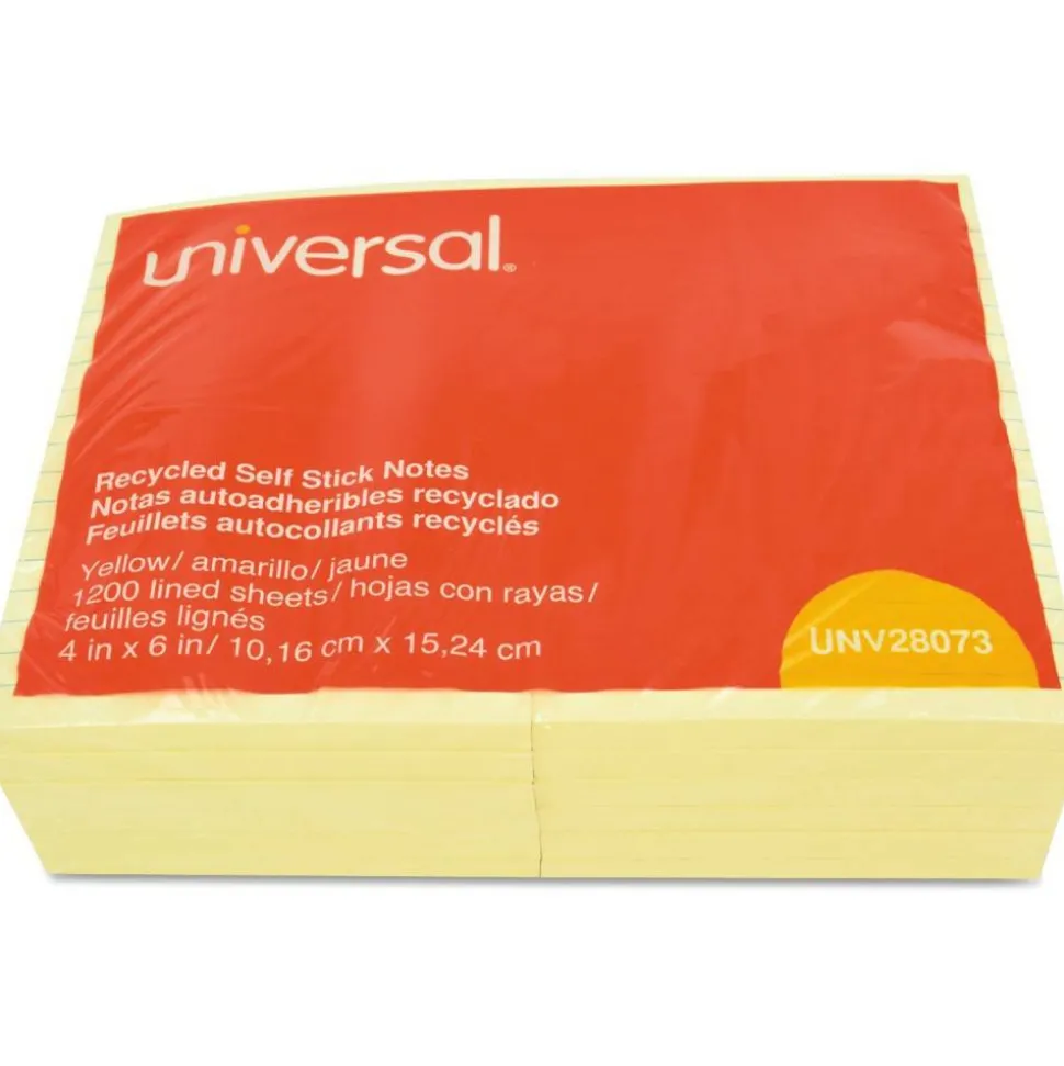 Universal Recycled Self-Stick Note Pads, Note Ruled, 4" x 6", Yellow, 100 Sheets/Pad, 12 Pads/Pack