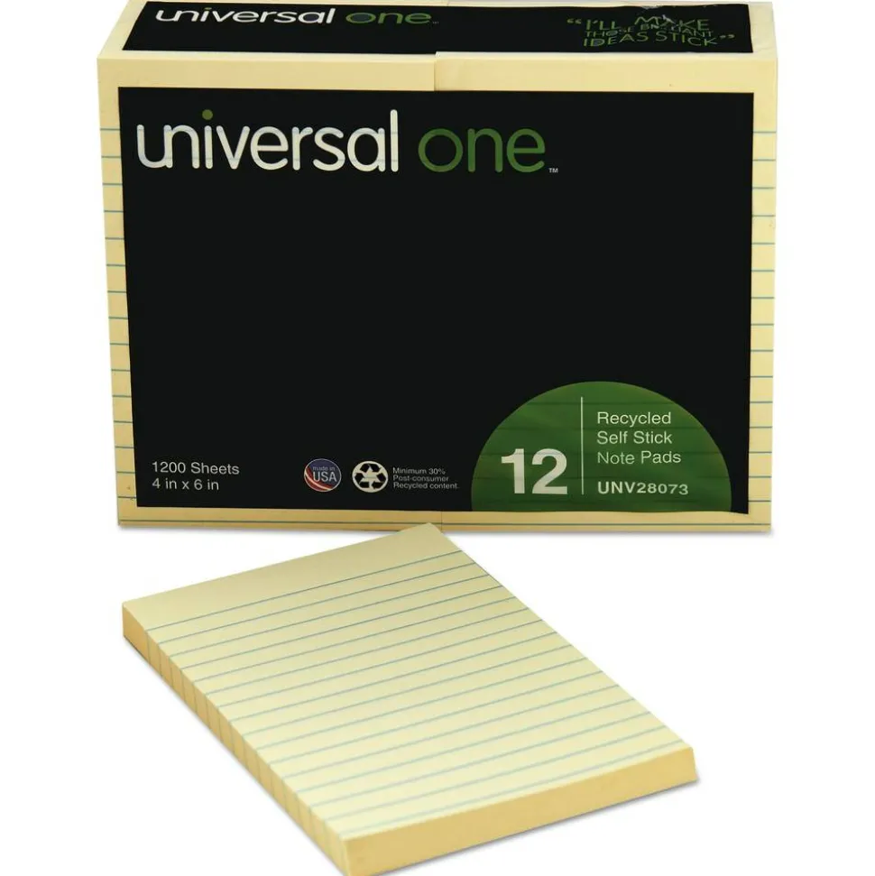 Universal Recycled Self-Stick Note Pads, Note Ruled, 4" x 6", Yellow, 100 Sheets/Pad, 12 Pads/Pack