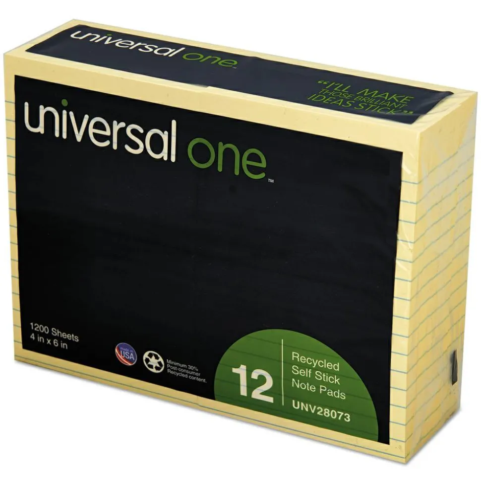 Universal Recycled Self-Stick Note Pads, Note Ruled, 4" x 6", Yellow, 100 Sheets/Pad, 12 Pads/Pack