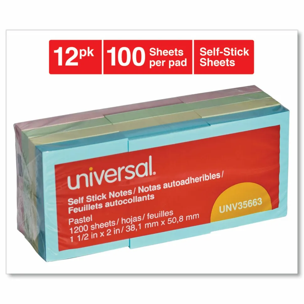 Universal Self-Stick Note Pads, 1.5" x 2", Assorted Pastel Colors, 100 Sheets/Pad, 12 Pads/Pack