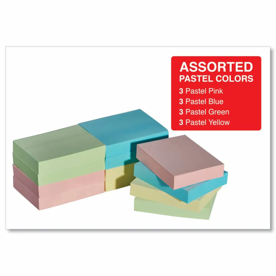 Universal Self-Stick Note Pads, 1.5" x 2", Assorted Pastel Colors, 100 Sheets/Pad, 12 Pads/Pack