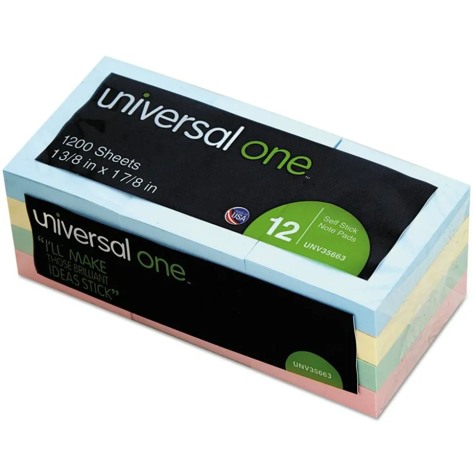 Universal Self-Stick Note Pads, 1.5" x 2", Assorted Pastel Colors, 100 Sheets/Pad, 12 Pads/Pack