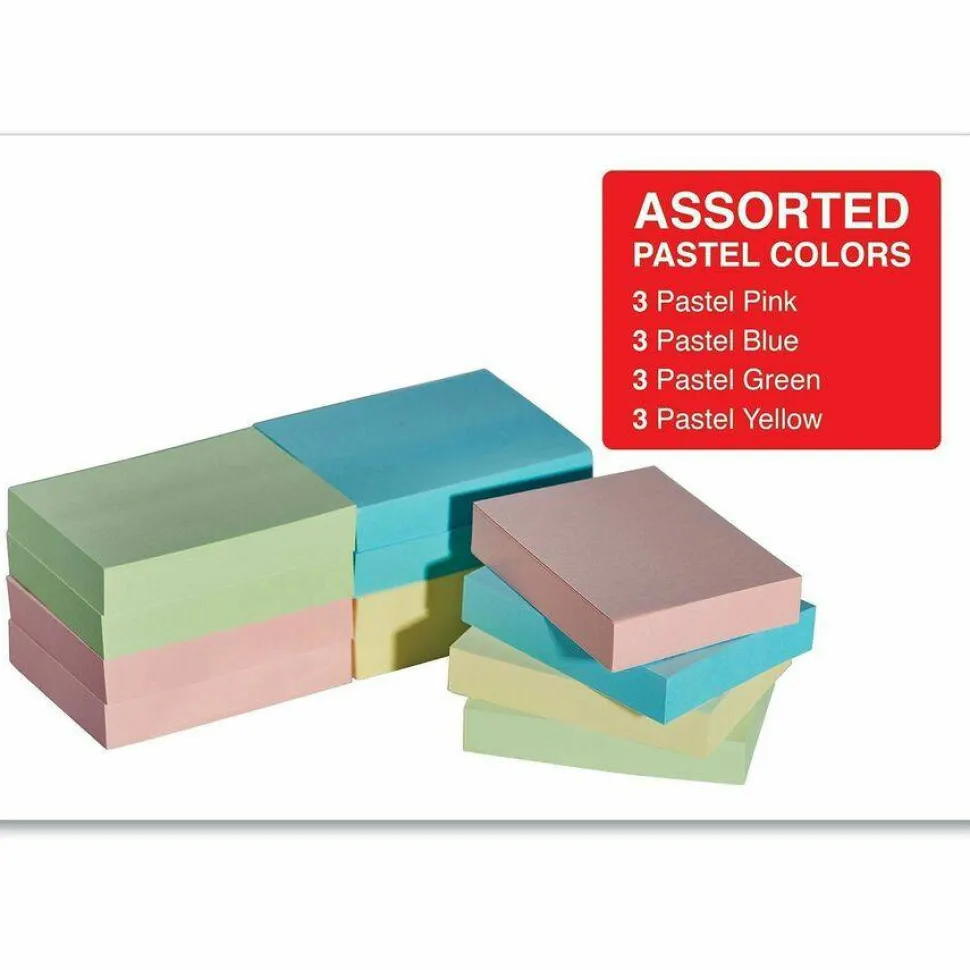 Universal Self-Stick Note Pads, 1.5" x 2", Assorted Pastel Colors, 100 Sheets/Pad, 12 Pads/Pack