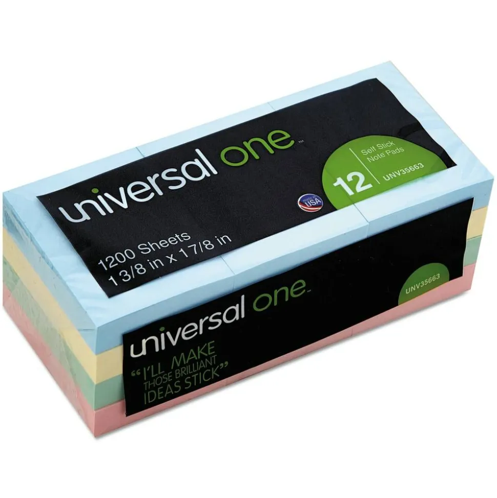 Universal Self-Stick Note Pads, 1.5" x 2", Assorted Pastel Colors, 100 Sheets/Pad, 12 Pads/Pack